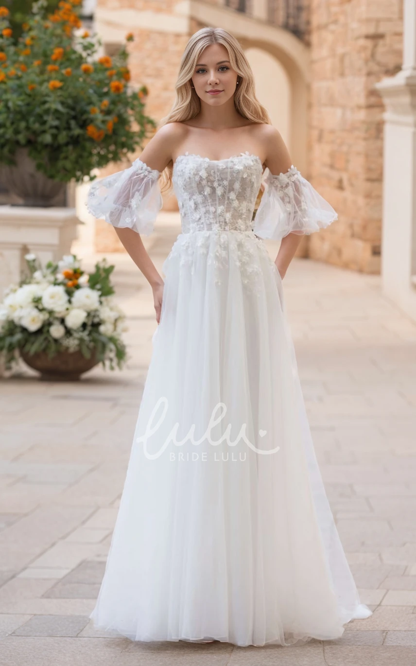 Ethereal Sexy A-Line Lace Tulle Wedding Dress Off Shoulder Puff Sleeves Open Back Bridal Gown