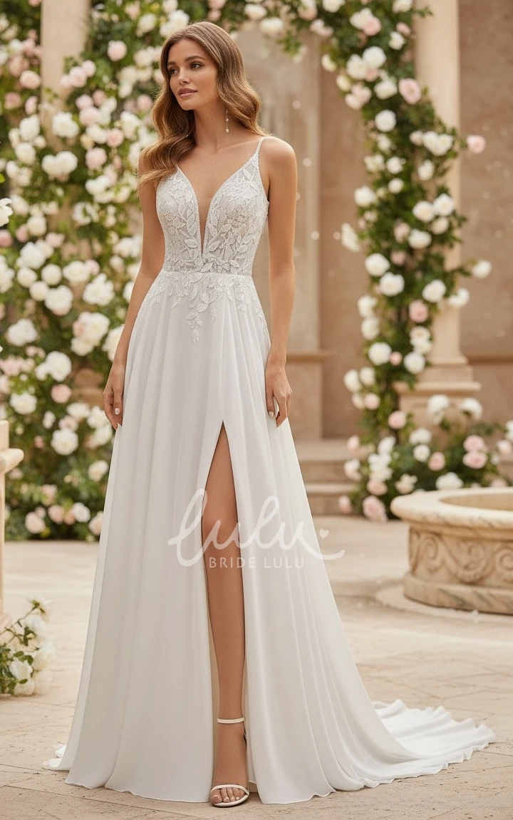 Sexy Ethereal A-Line Plunging V-Neck Floor-length Spaghetti Chiffon Lace Wedding Gown Elegant Garden Lace Appliques Split Front Sleeveless Backless Warm Bridal Dress with Button