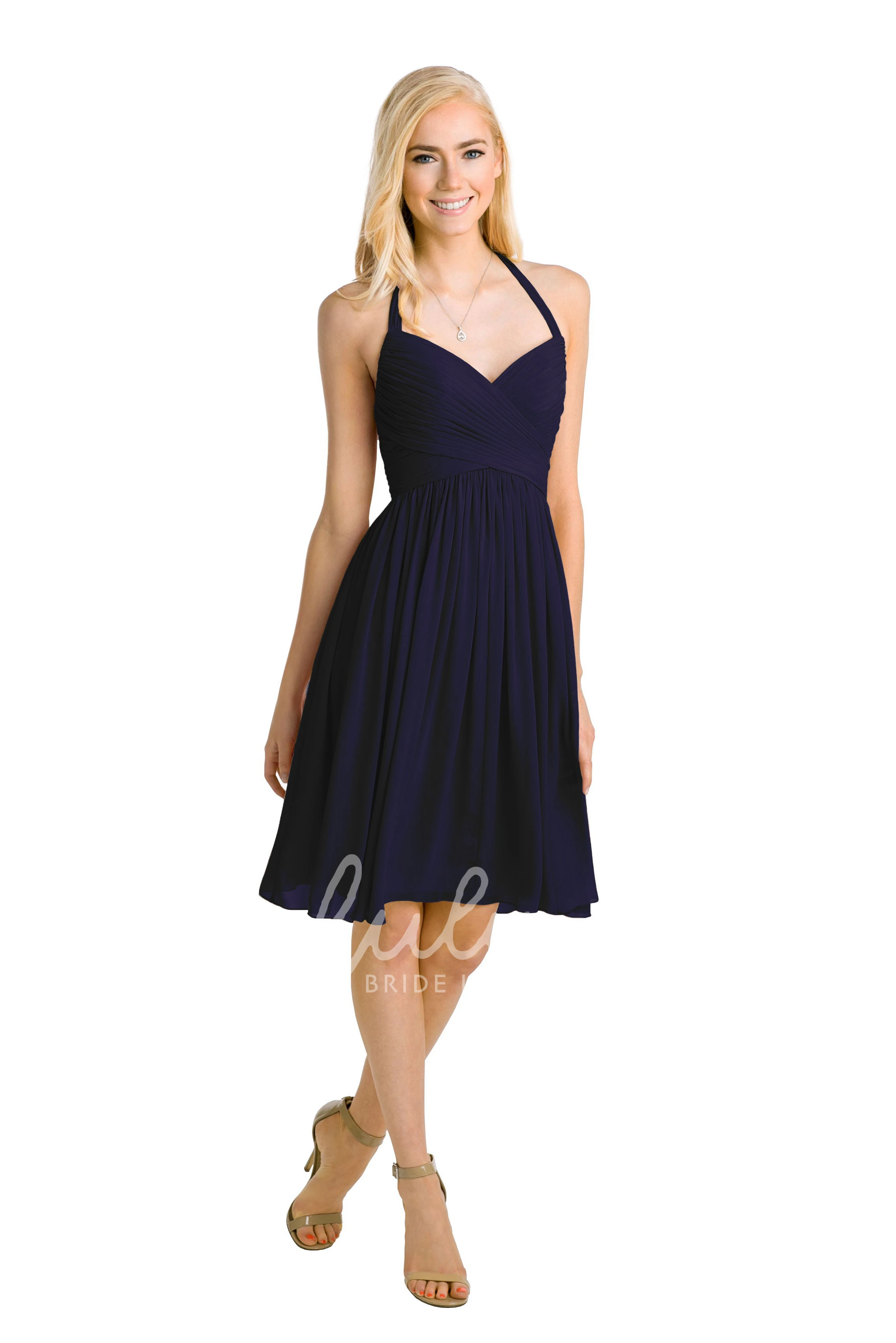Halter Sleeveless Chiffon Bridesmaid Dress Knee-Length Criss-Cross Multi-Color