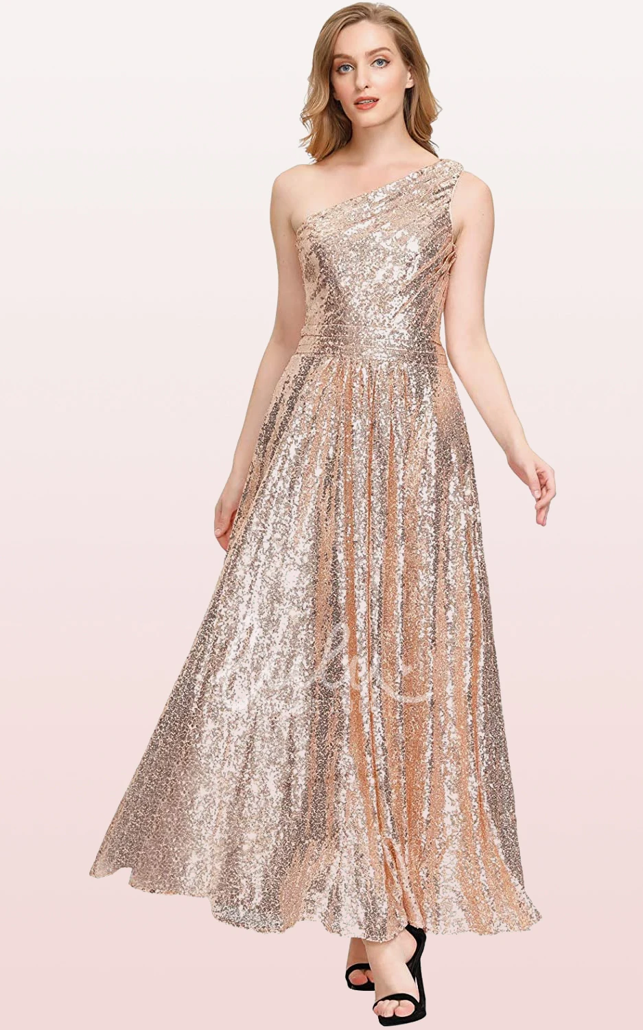 Vintage Sequin One-shoulder Bridesmaid Dress with Ruching Ankle-length A-line