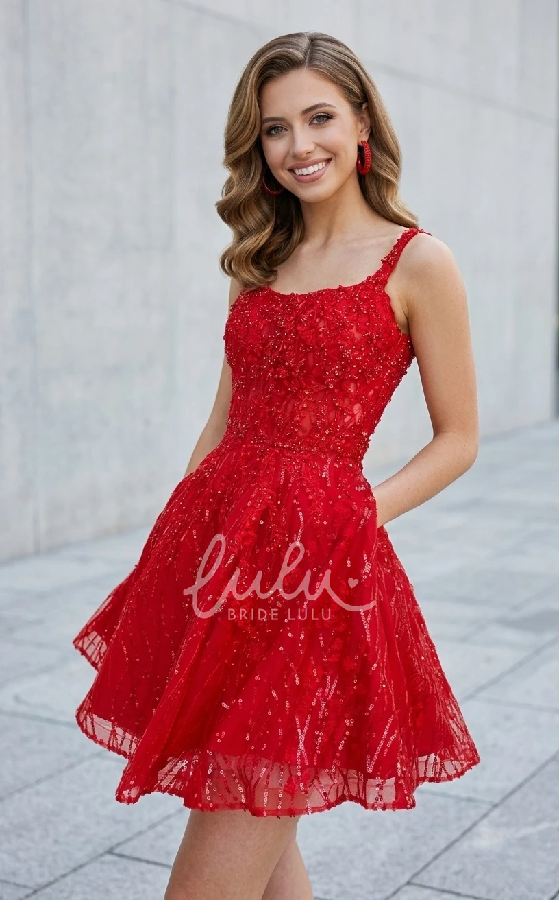 Sparkly Sequins Red Short A-Line Homecoming Dress Mini Shiny Pretty Square Neck Sleeveless Party Dress with Pockets