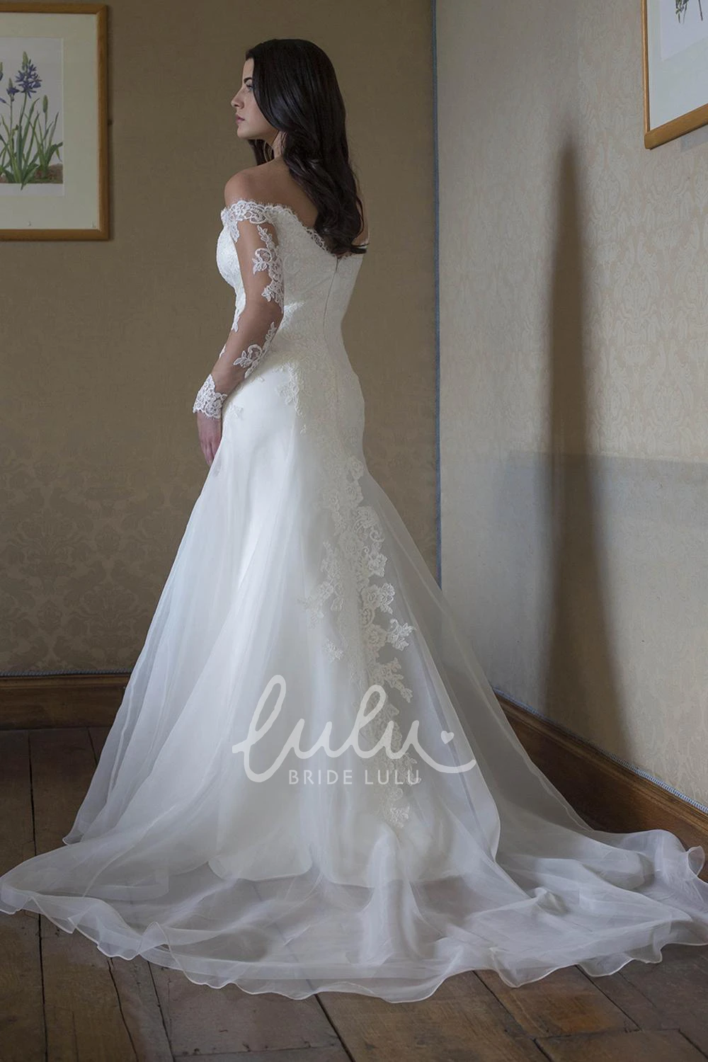 Elegant Off-The-Shoulder Tulle&Lace Wedding Dress with V Back and Appliques