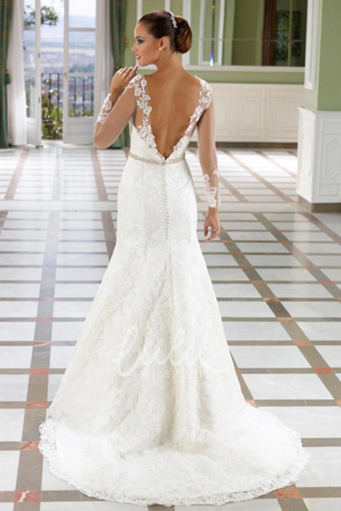 Lace Sleeveless Wedding Dress with Deep-V Back and Court Train Trumpet Floor-Length
