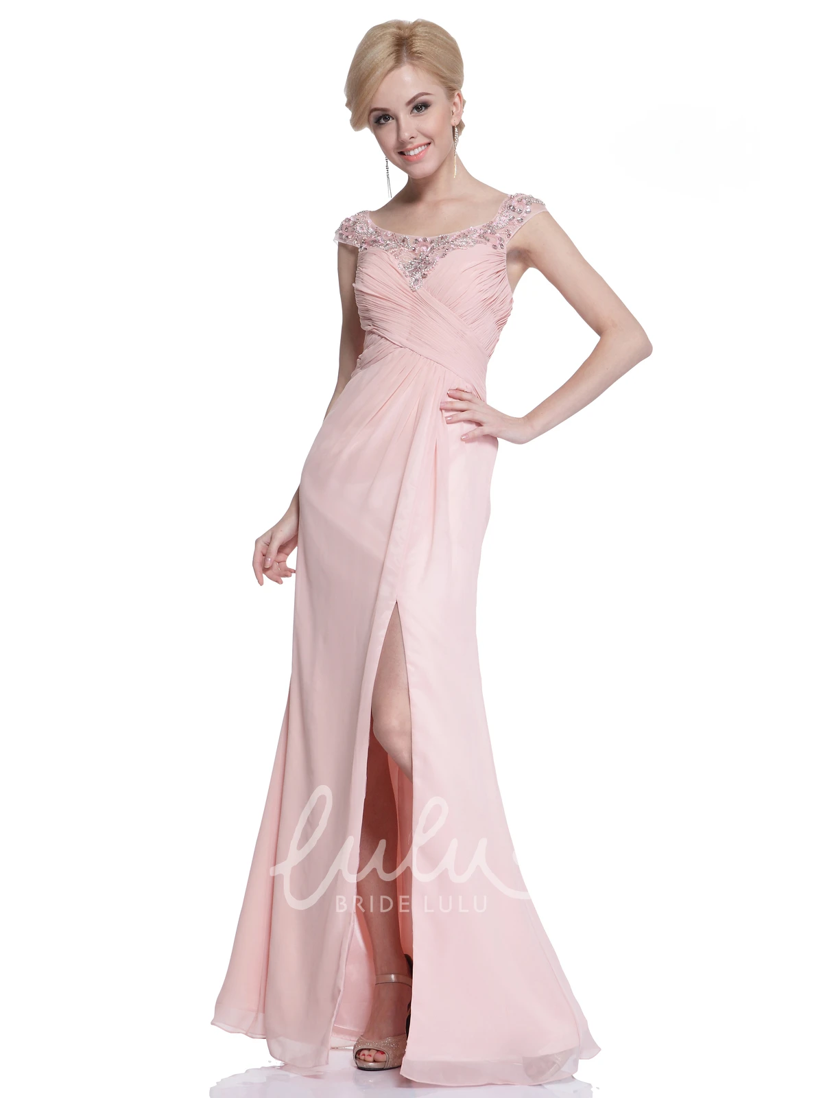 Split Front Cap-Sleeve Chiffon Formal Dress with Beading in Sheath Style