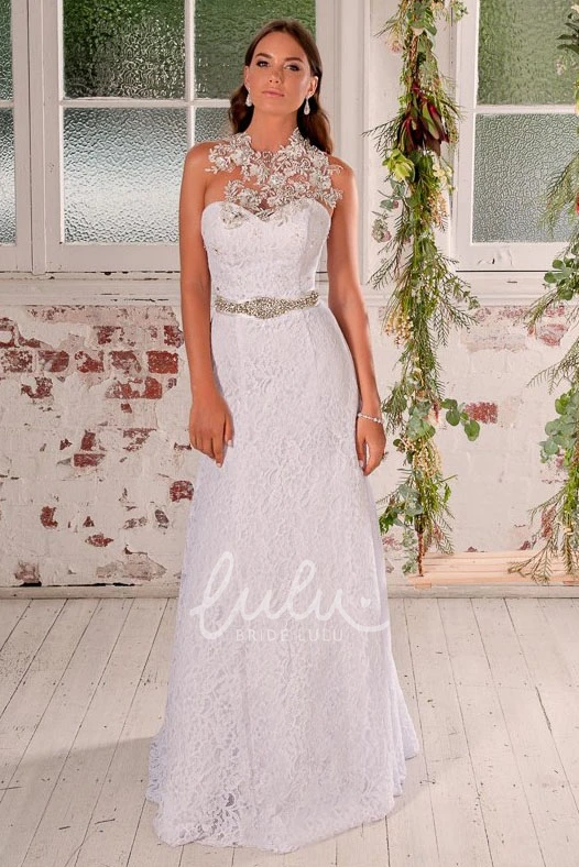 Beaded High Neck Lace Sheath Wedding Dress with Waist Jewelry Elegant Wedding Dress