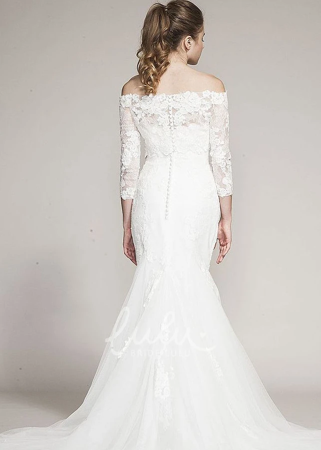 Off-Shoulder Lace Mermaid Wedding Dress with Long Sleeves and Court Train