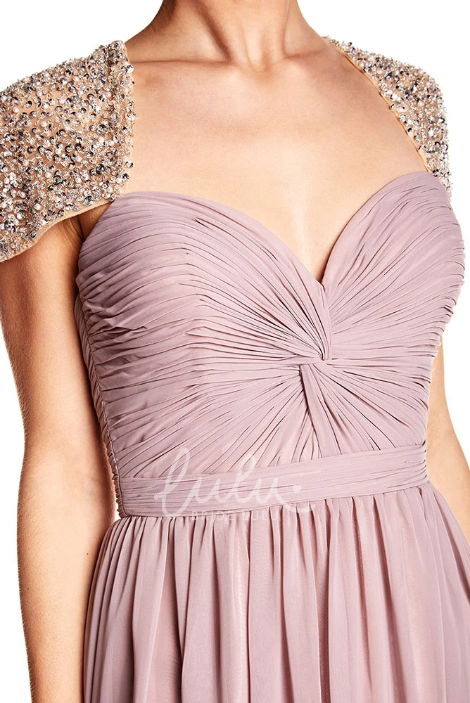 Ruched Sweetheart Chiffon Prom Dress Cap Sleeve Unique Flowy