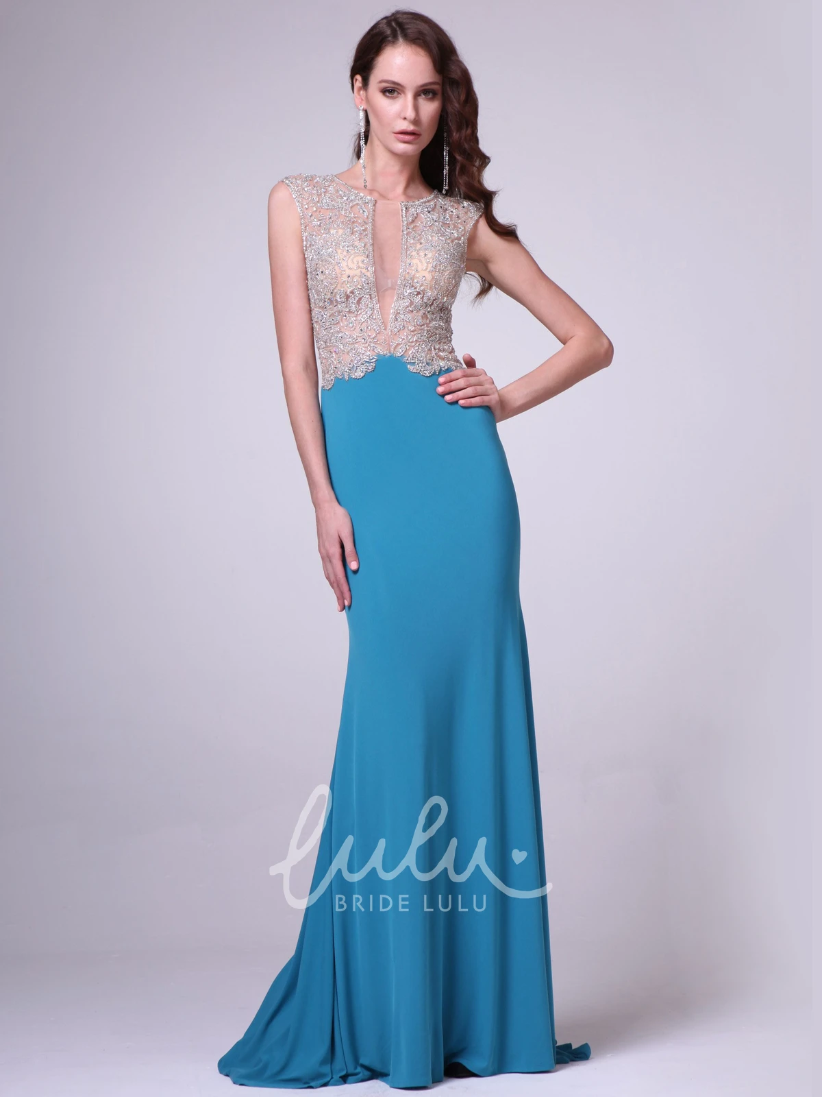 Maxi Sleeveless Sheath Jersey Bridesmaid Dress with Jewel Neckline and Beading