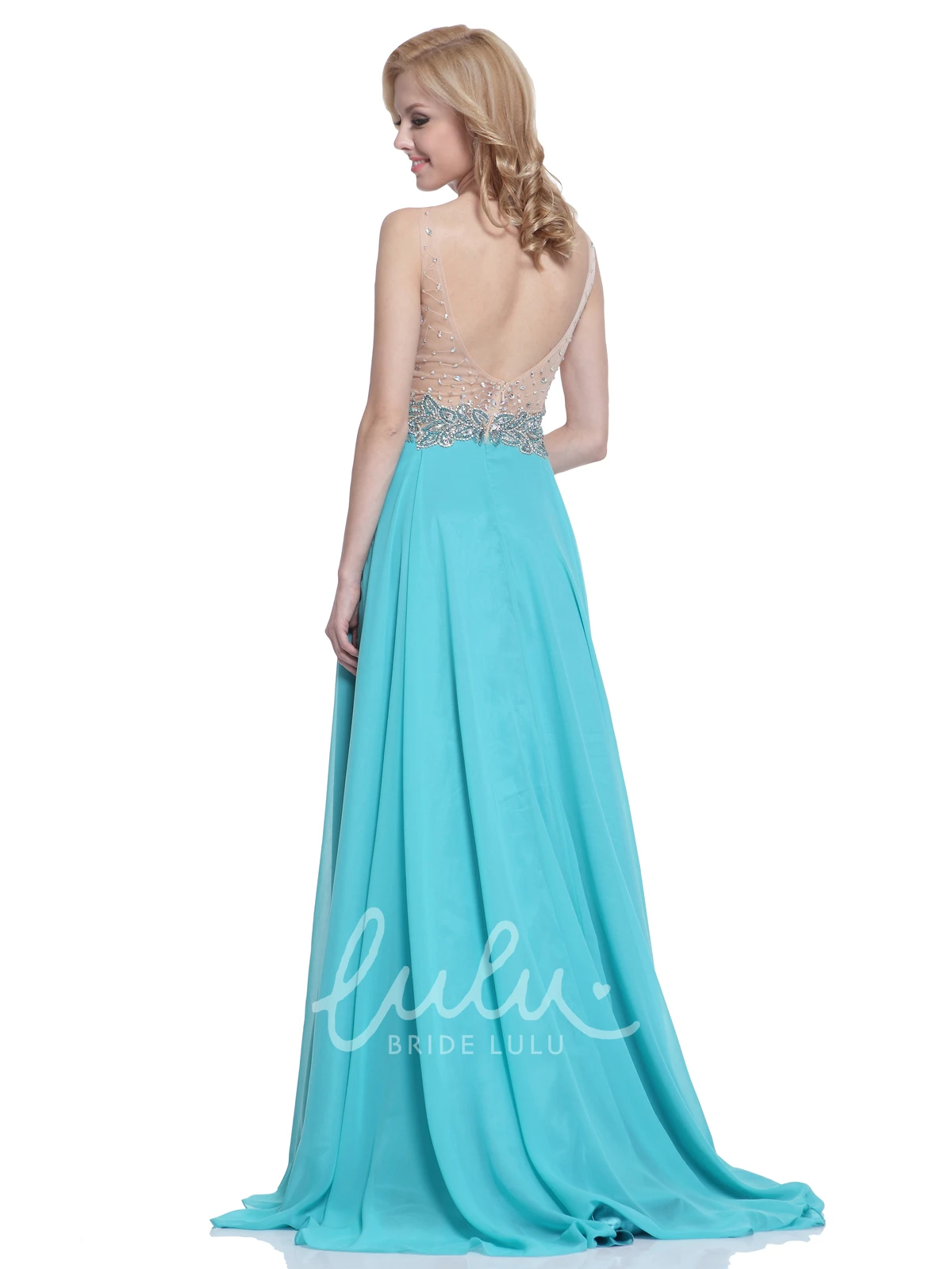 Chiffon A-Line Dress with Pleats Beading and Deep-V Back for Formal Events