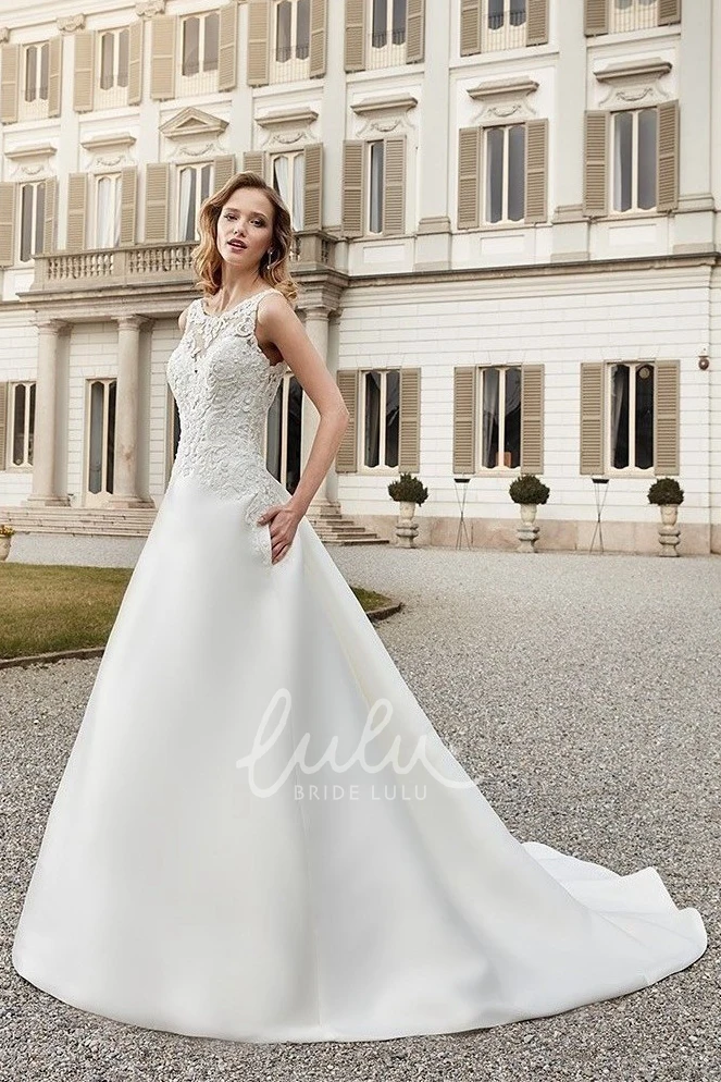 A-Line Satin Wedding Dress with Appliques Sleeveless and Scoop-Neck Classic Bridal Gown