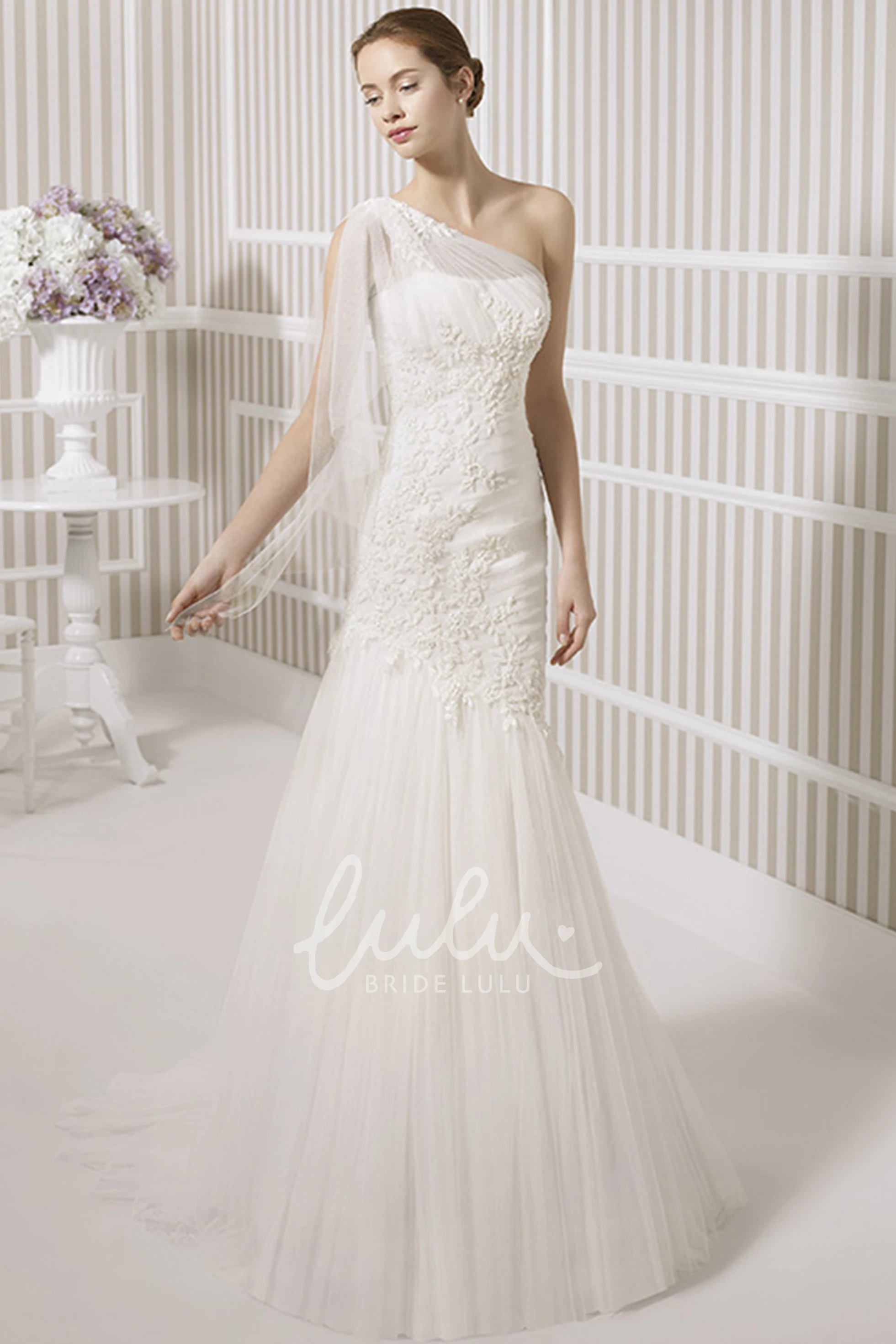 Ruched Tulle One-Shoulder Wedding Dress with Brush Train