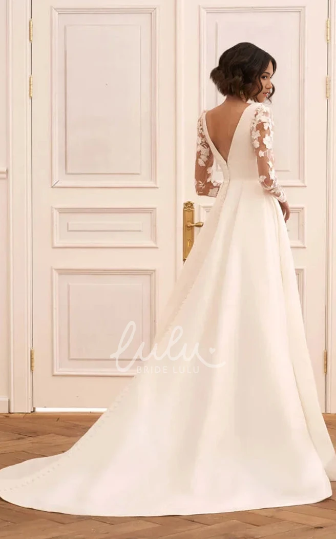 Romantic A-Line V-neck Satin Lace Long Sleeve Wedding Dress ModernV Back Bridal Gown with Train