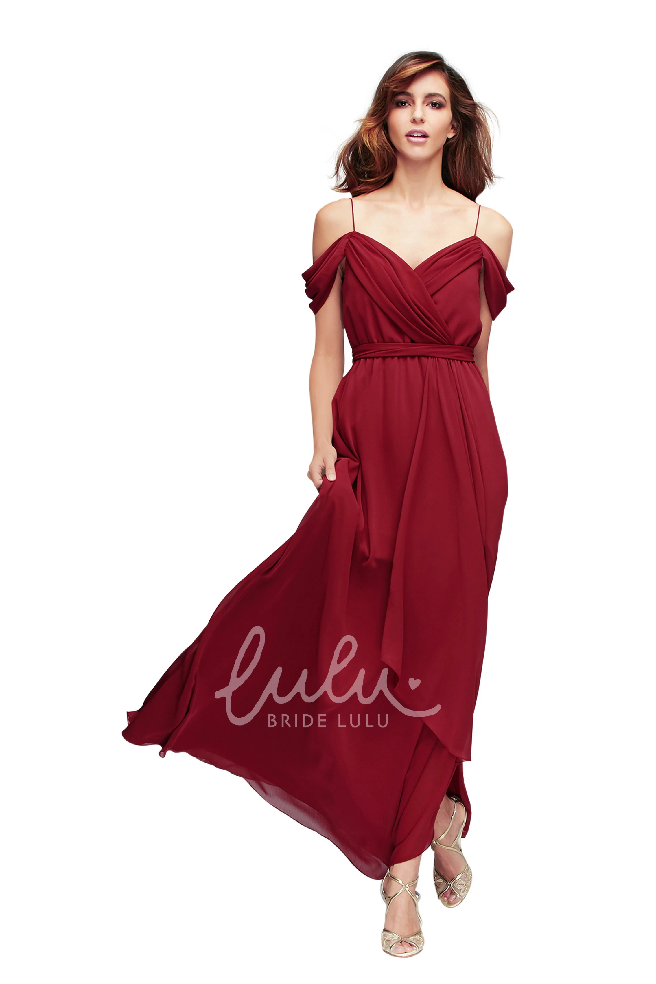 Ruched Spaghetti Chiffon Bridesmaid Dress Sleeveless Multi-Color Convertible