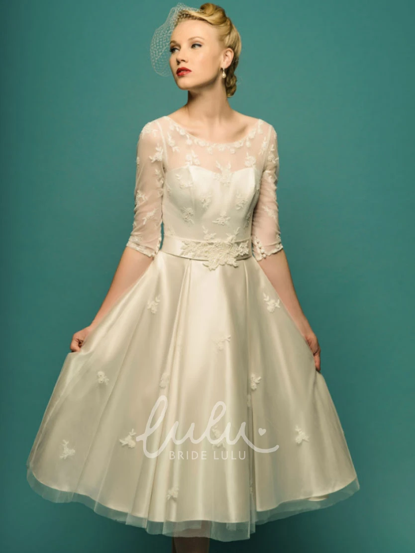 Illusion Sleeve Tea-Length A-Line Tulle Wedding Dress with Appliques