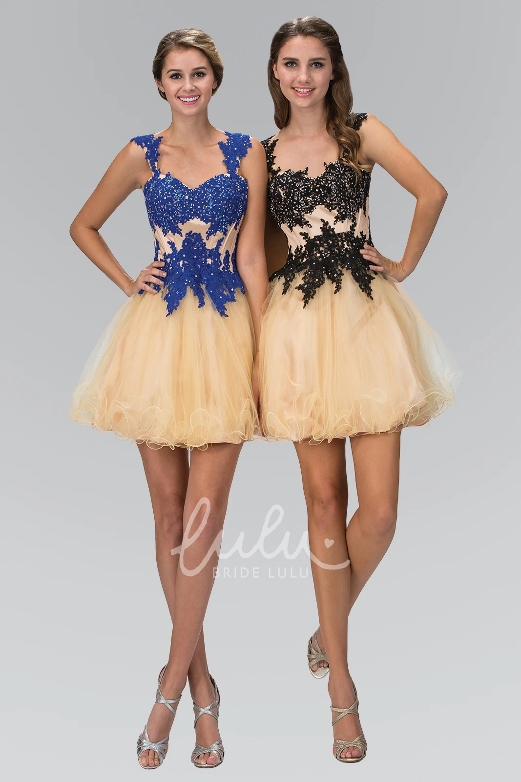 A-Line Tulle Dress with Appliques and Beading Short Cap-Sleeve Elegant Prom Dress