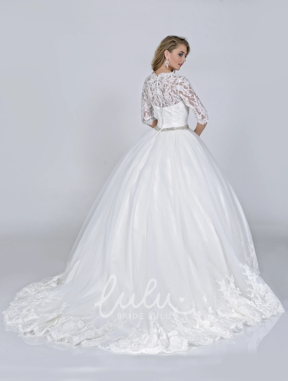 Satin Ball Gown with Crystal Detailed Waist Half Sleeve Lace and Satin
