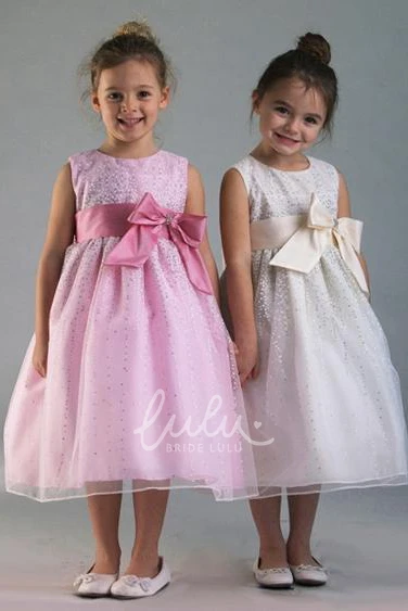 Tiered Tulle&Satin Flower Girl Dress Tea-Length