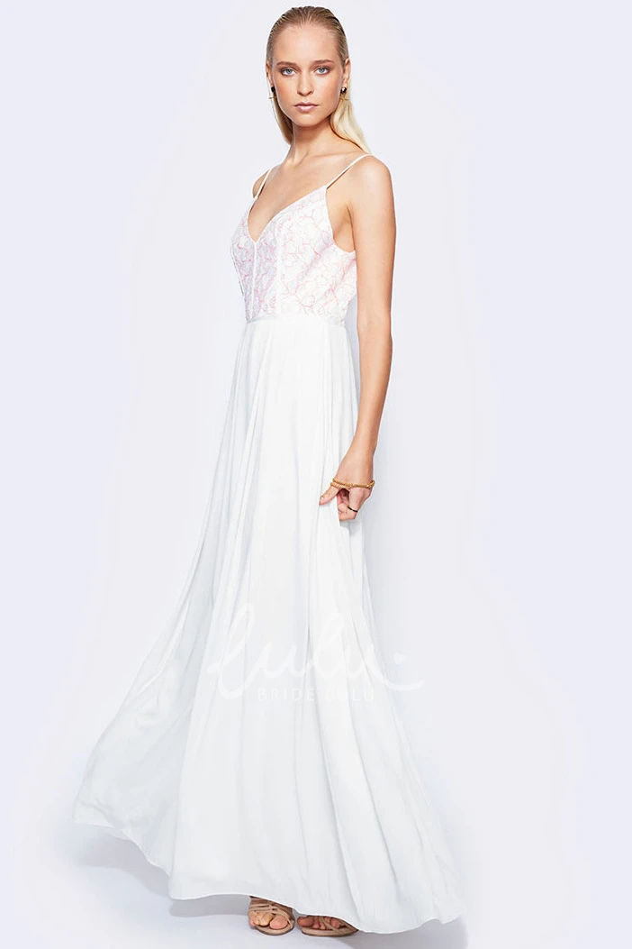 V-Back Spaghetti Lace Chiffon Wedding Dress in Ankle-Length