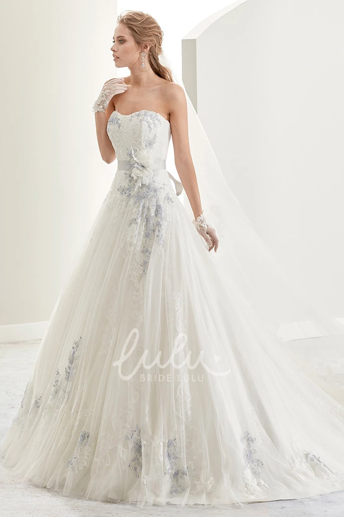 A-line Bridal Gown with Flower-sash and Fine Appliques