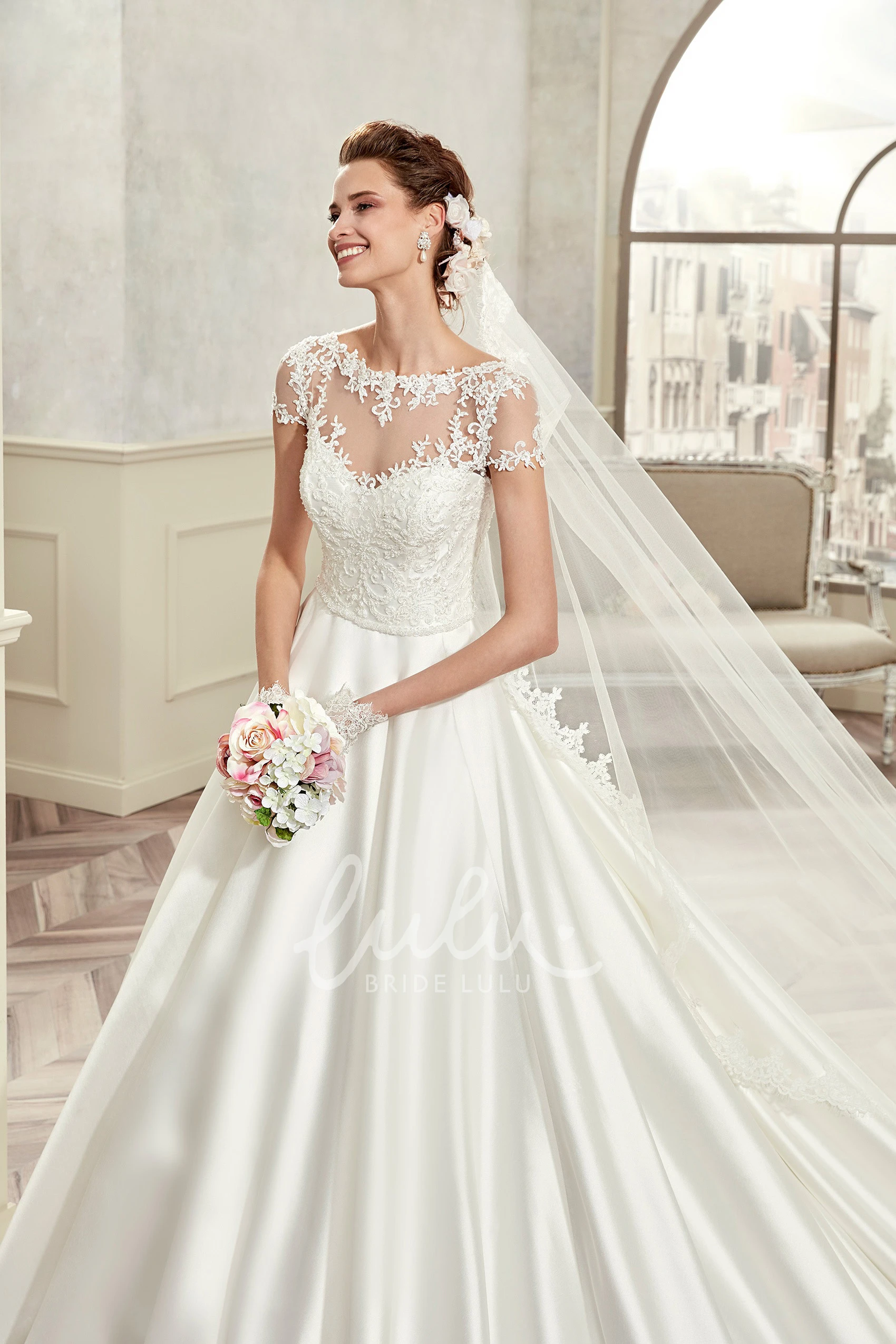 A-Line Wedding Dress with T-Shirt Sleeves and Pleated Satin Jewel-Neck Style