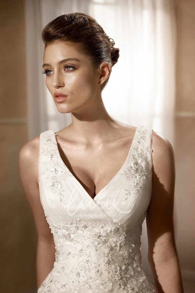 Appliqued Satin&Tulle V-Neck A-Line Wedding Dress with Court Train and Low-V Back