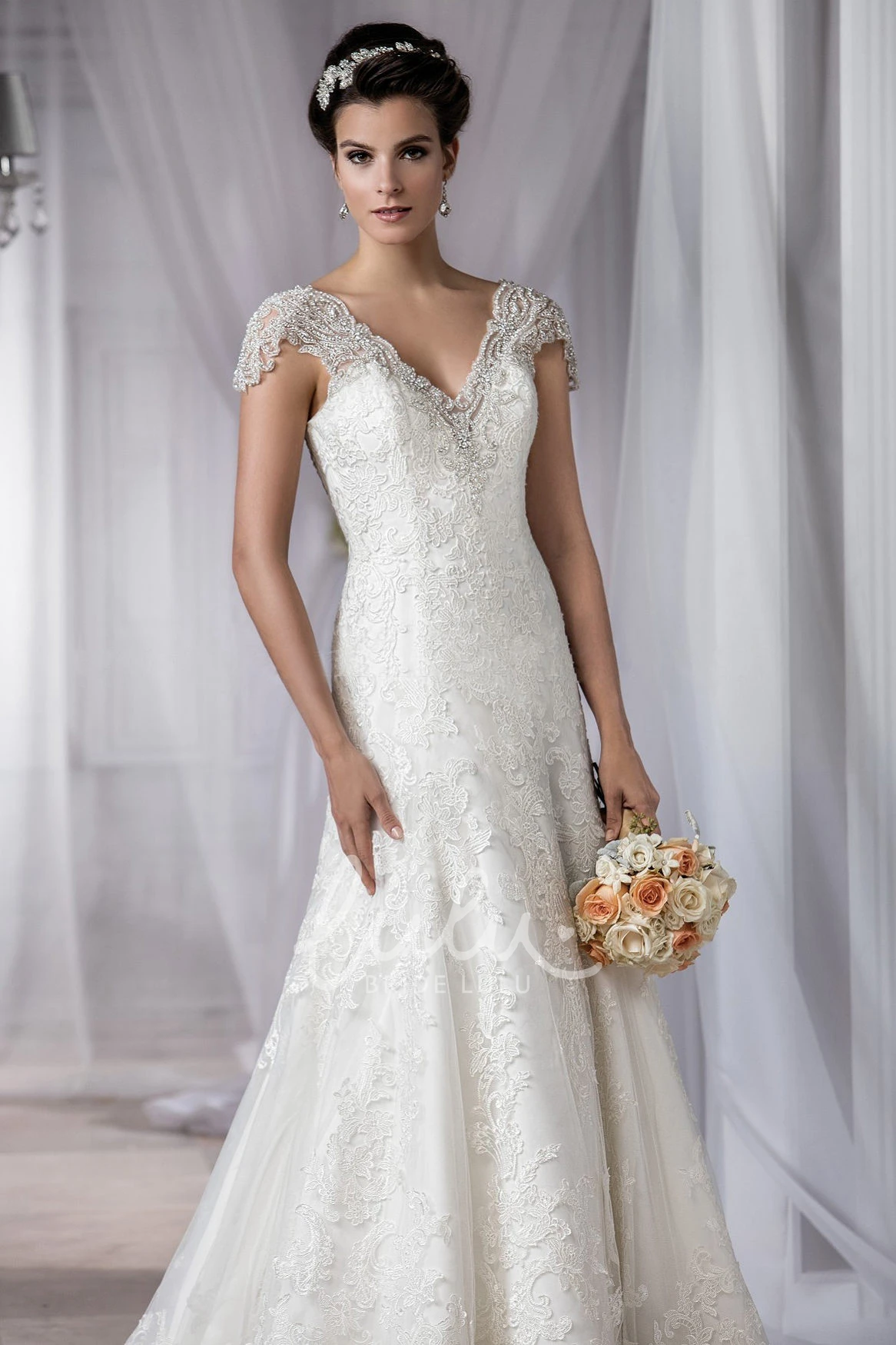 V-Neck Cap-Sleeved Wedding Dress with Appliques and Scoop Back