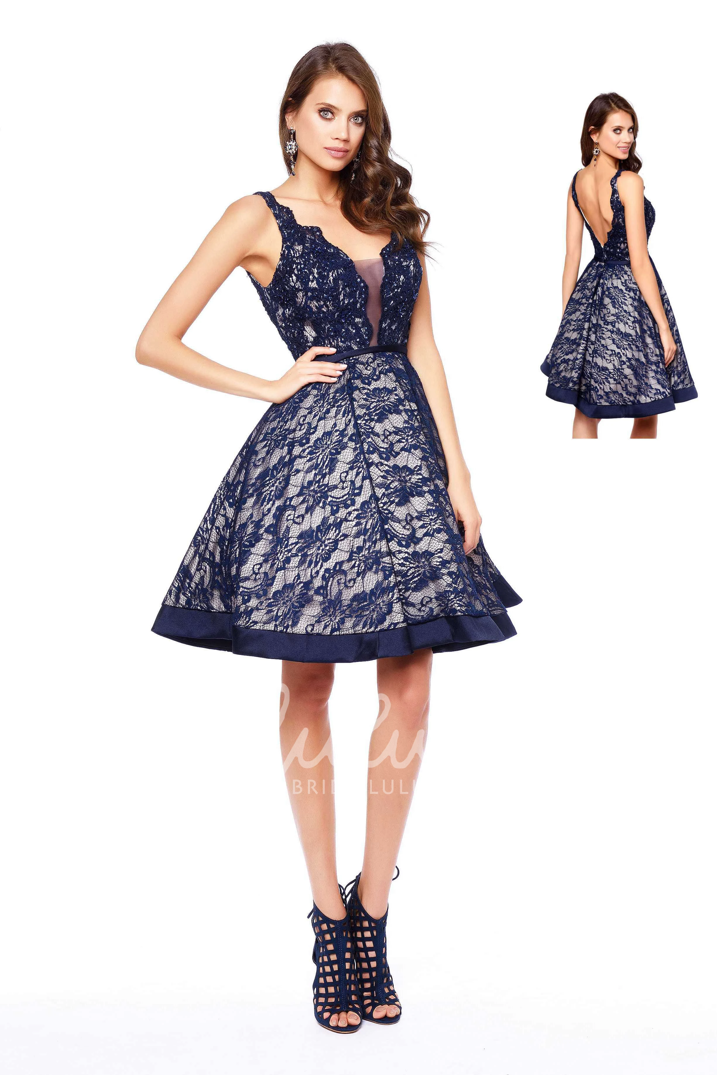 Mini A-Line Lace Dress with Deep-V Back for Prom