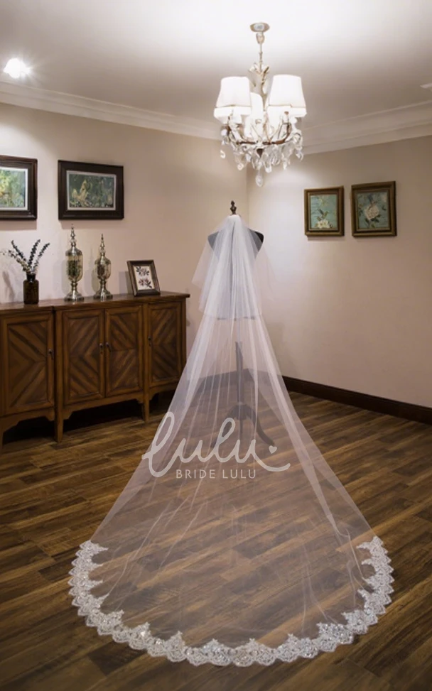 Modern Sparkly Boho Lace Sequins Tulle Two Tier Cathedral Length WeddingVeils with Comb