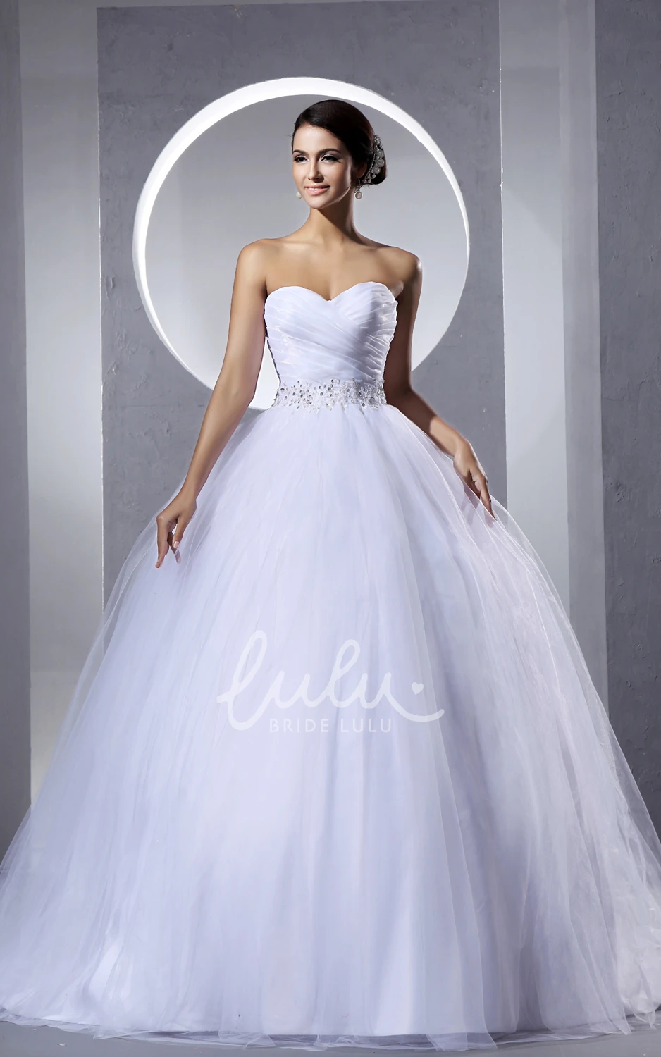 Tulle Wedding Dress Ball Gown Ruching Criss-Cross Beaded Sash A-Line