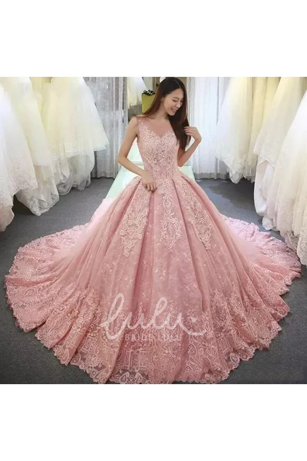 Lace Tulle Ball Gown Wedding Dress with V-Neck and Lace-Up Back