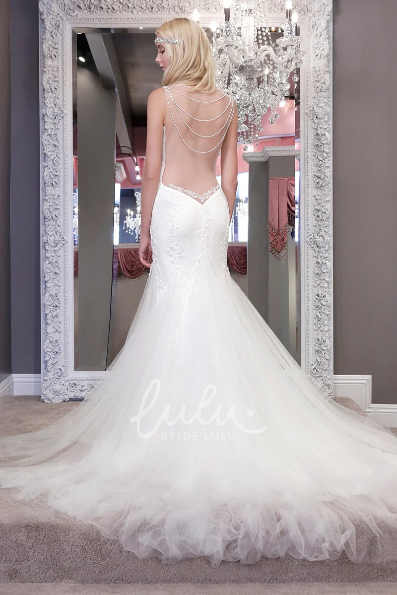 Backless Mermaid Tulle Wedding Dress Sleeveless with Beaded Spaghetti Straps and Lace