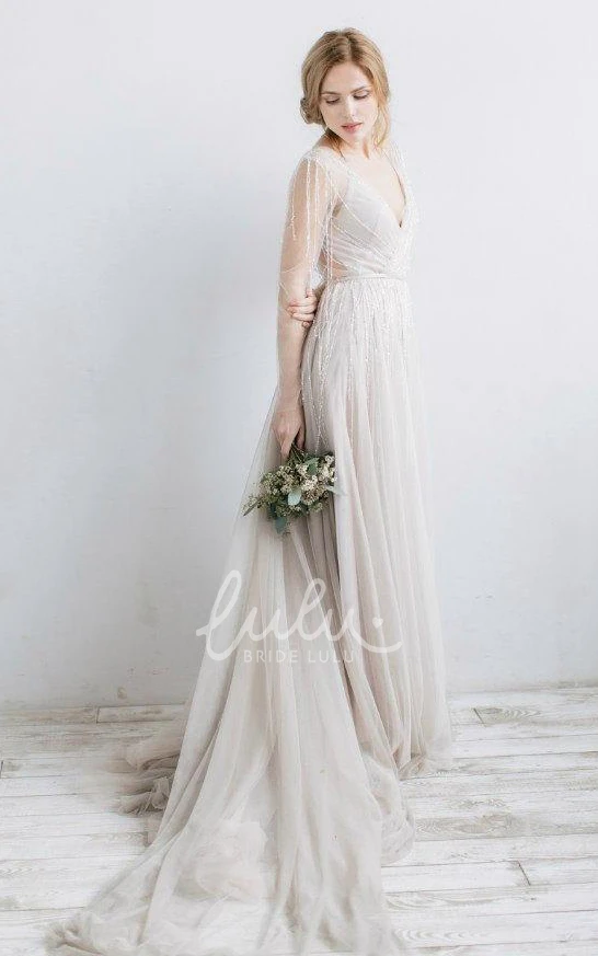 Beaded Illusion V-Neck Tulle Winter Wedding Dress