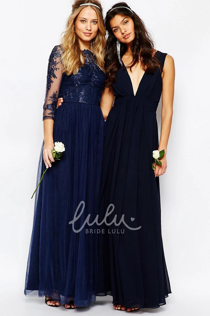 A-Line Appliqued Tulle Bridesmaid Dress Bateau-Neck Pleats 3-4-Sleeve Long