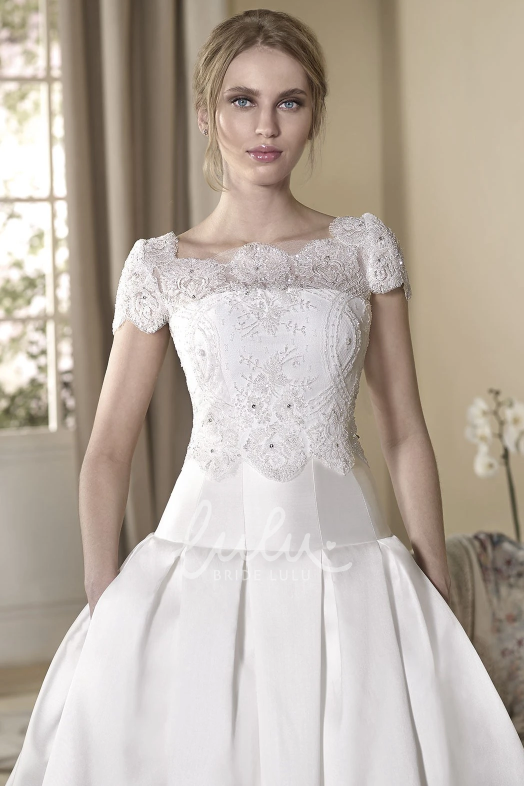 Lace Satin Wedding Dress with Cape A-Line Maxi Cap-Sleeve