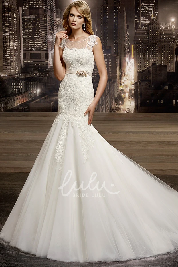 Jewel Neck Mermaid Lace Wedding Dress with Illusive Cap Sleeves Modern Bridal Gown