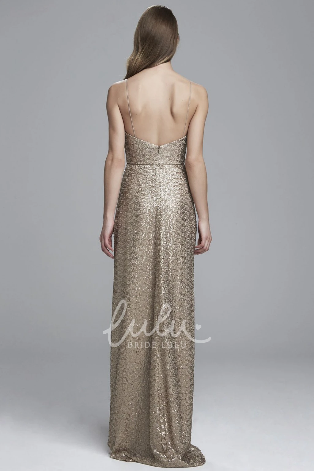 Sequin Split-Front Bridesmaid Dress with Brush Train and Spaghetti Straps