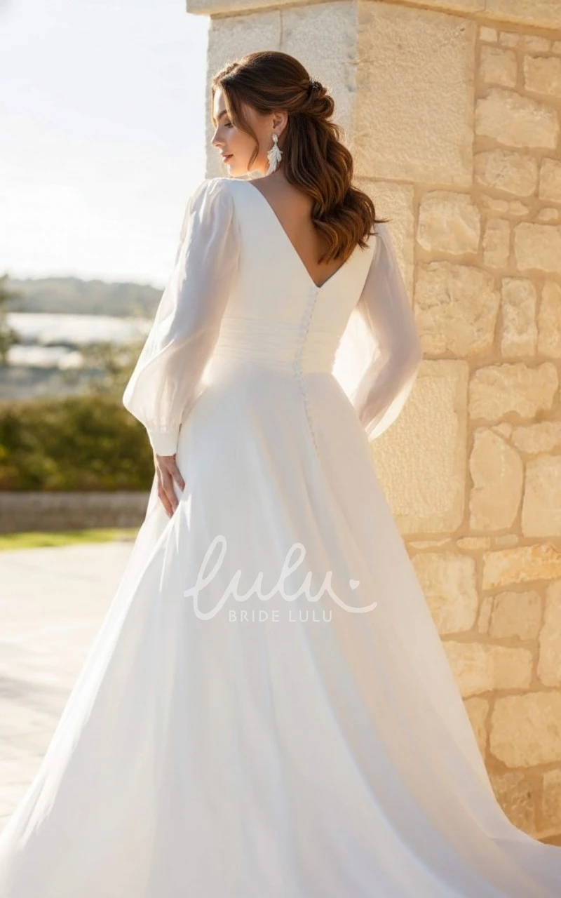 Simple Elegant A-Line Plus Size Chiffon Wedding Dress with Long Sleeves and V-Neck Bridal Gown