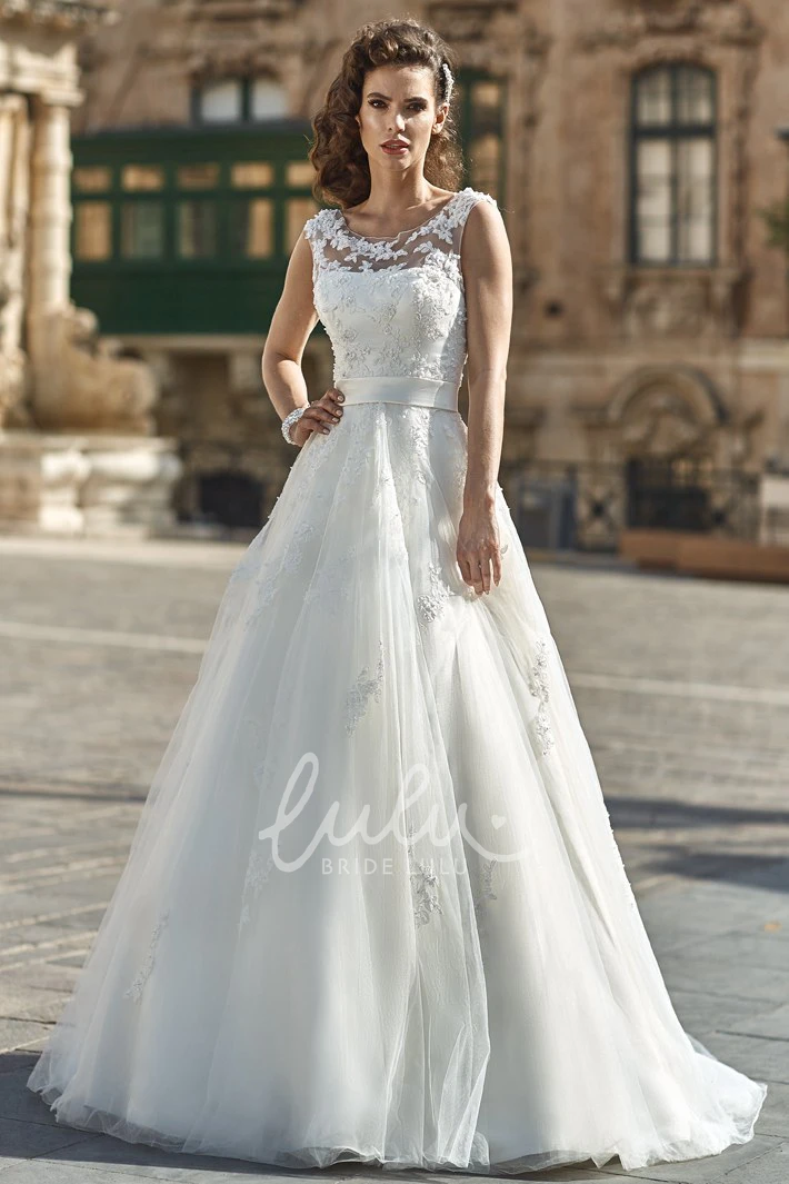 Sleeveless Tulle&Lace A-Line Wedding Dress with Bow Unique Bridal Gown