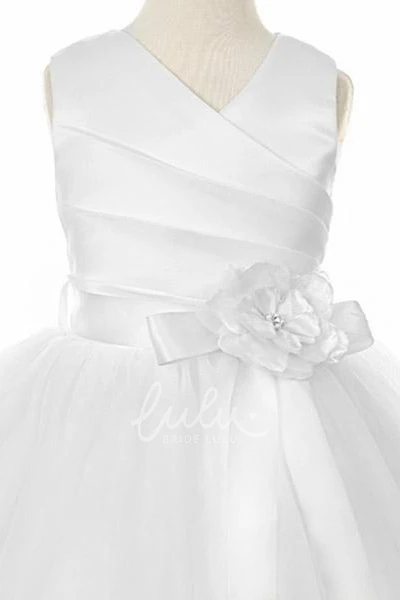 V-Neck Tiered Tulle and Satin Flower Girl Dress Ankle-Length