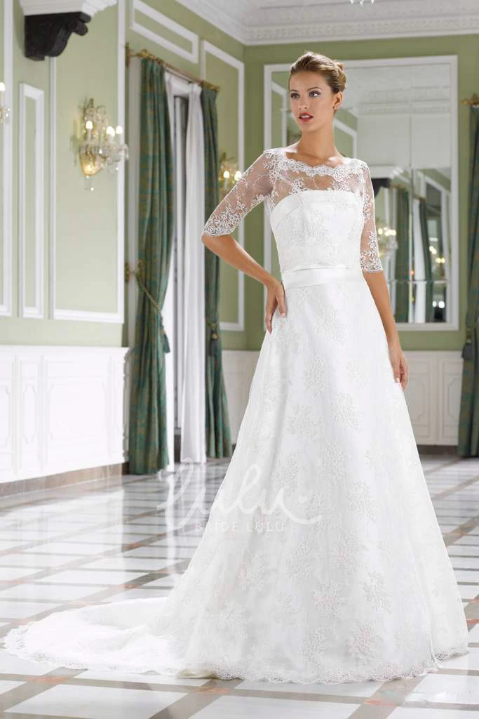 Strapless Satin&Lace A-Line Wedding Dress with Court Train and Backless Style