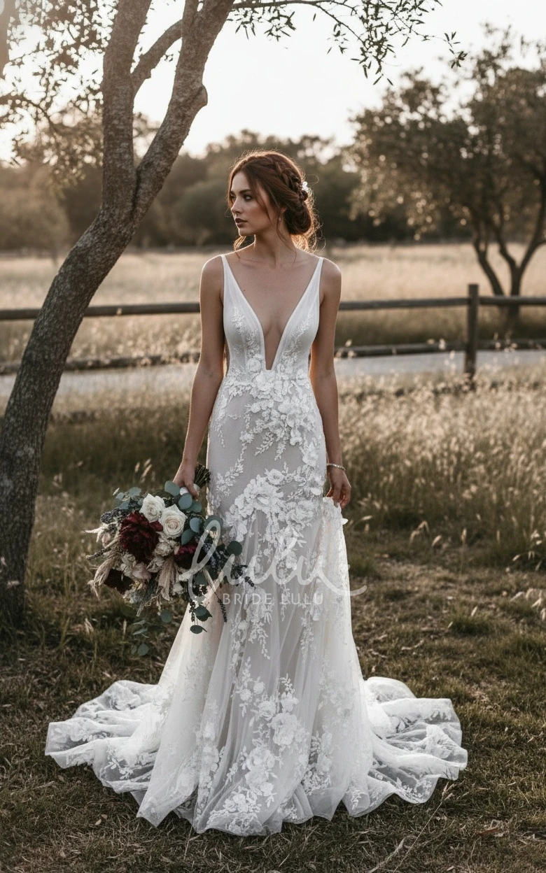 Sexy Mermaid V-Neck Sleeveless Backless Illusion Straps Adorable Lace Appliques Chill Country Warm Wedding Dress with Train