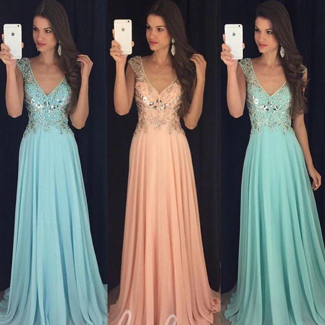 Chiffon A-line V-neck Prom Dress with Crystals and Cap Sleeves Newest Evening Gown