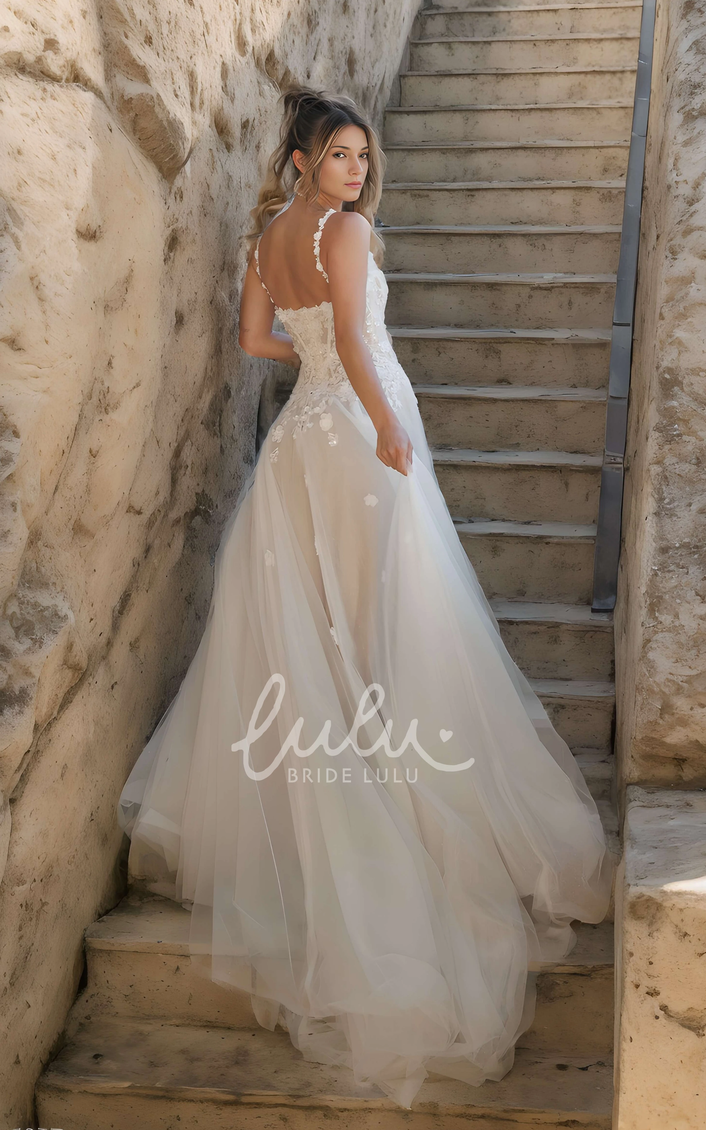 Romantic Ethereal Lace Bohemian A-Line Wedding Dress Front Slit Flower Strap Gown