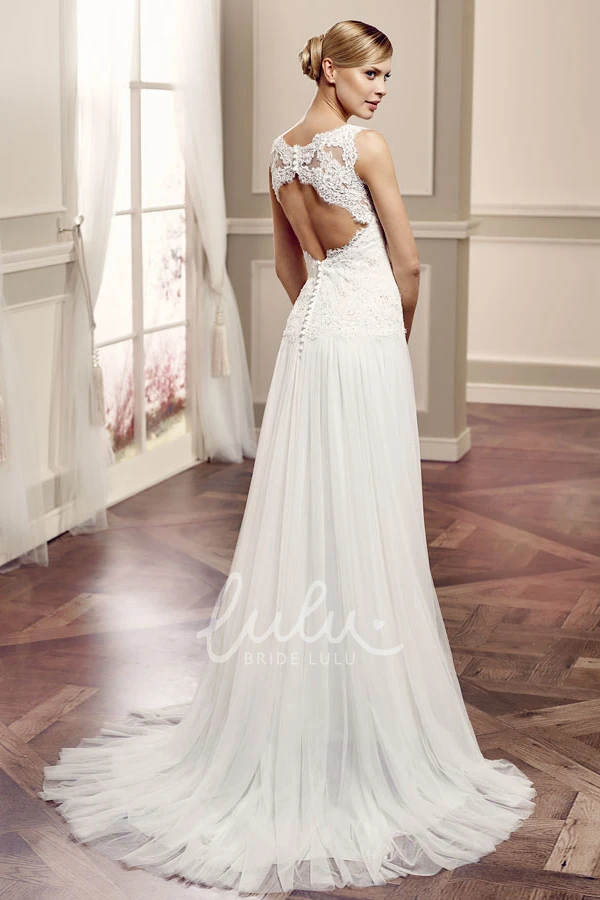 Sleeveless Sheath Tulle&Lace Wedding Dress with Brush Train