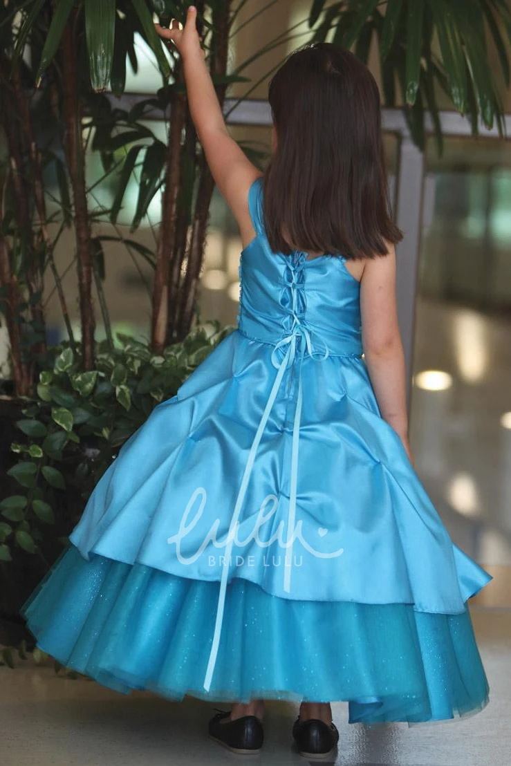 Beaded Tulle Flower Girl Dress with Sash Ankle-Length