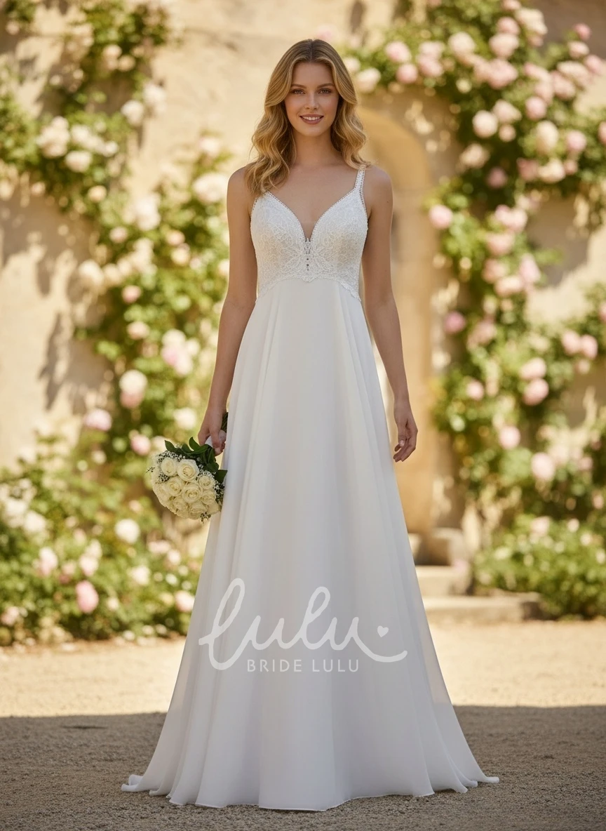 Bohemian A-Line Spaghetti Wedding Dress Sexy Lace Chiffon Flowy Bridal Gown for Outdoor Weddings