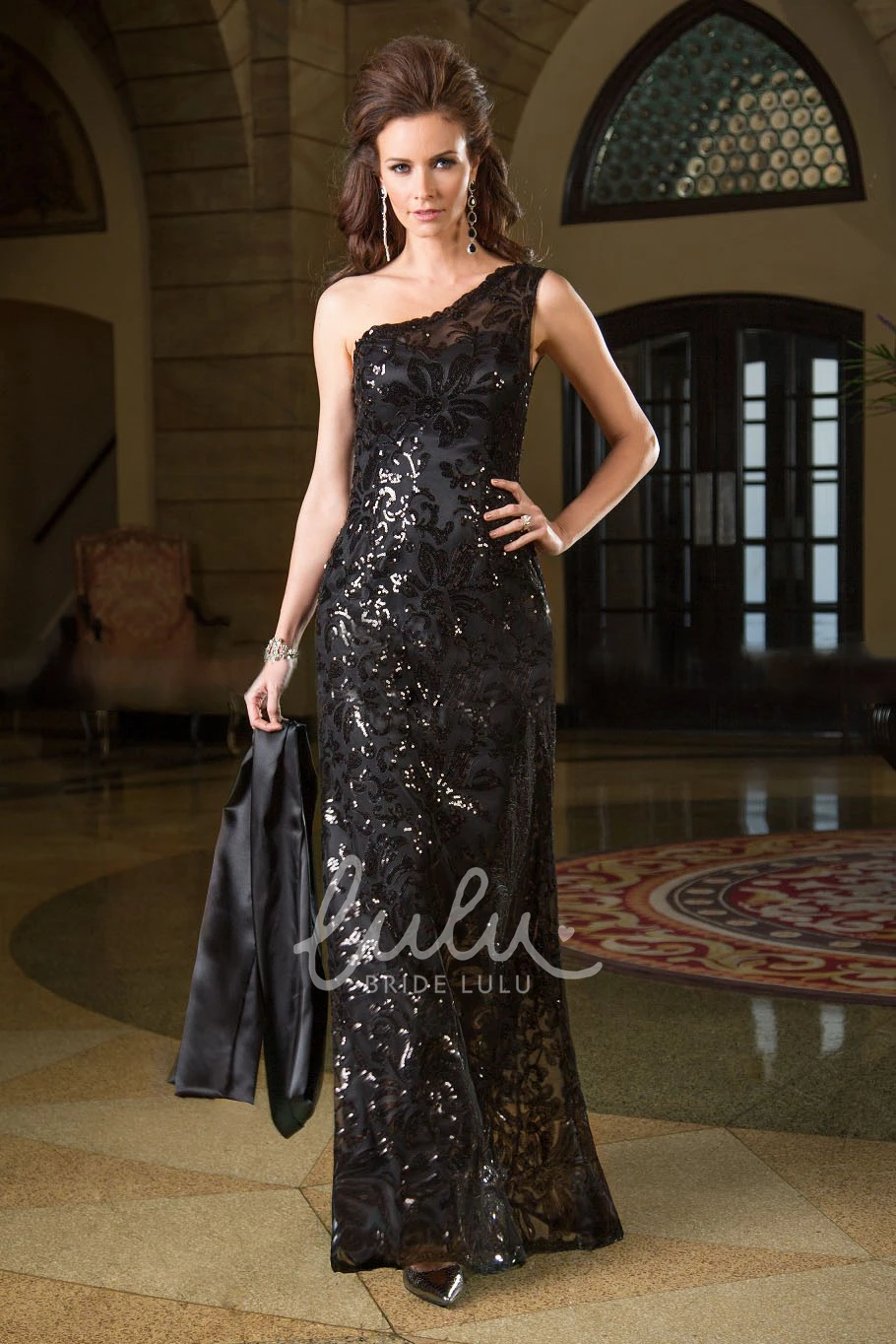 Sequin One-Shoulder Gown with Illusion Back