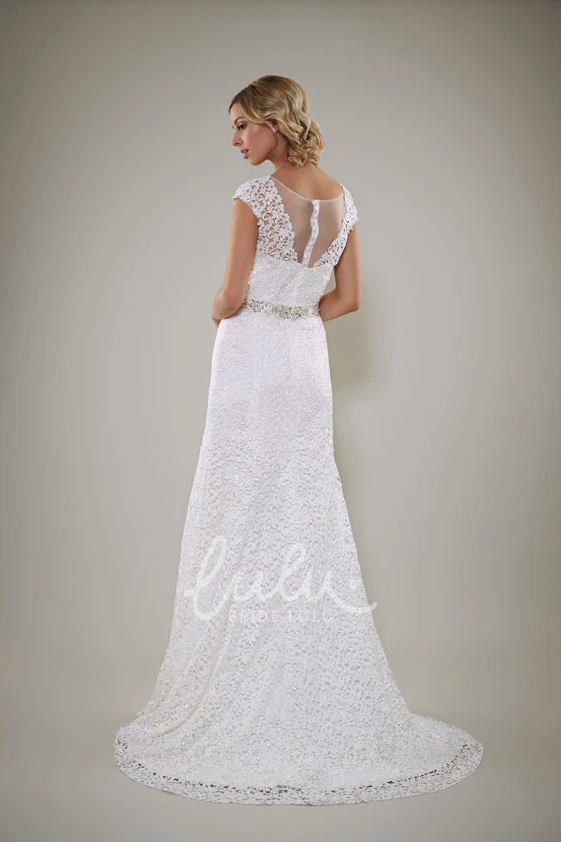 Jeweled Lace Sheath Wedding Dress with Cap Sleeves