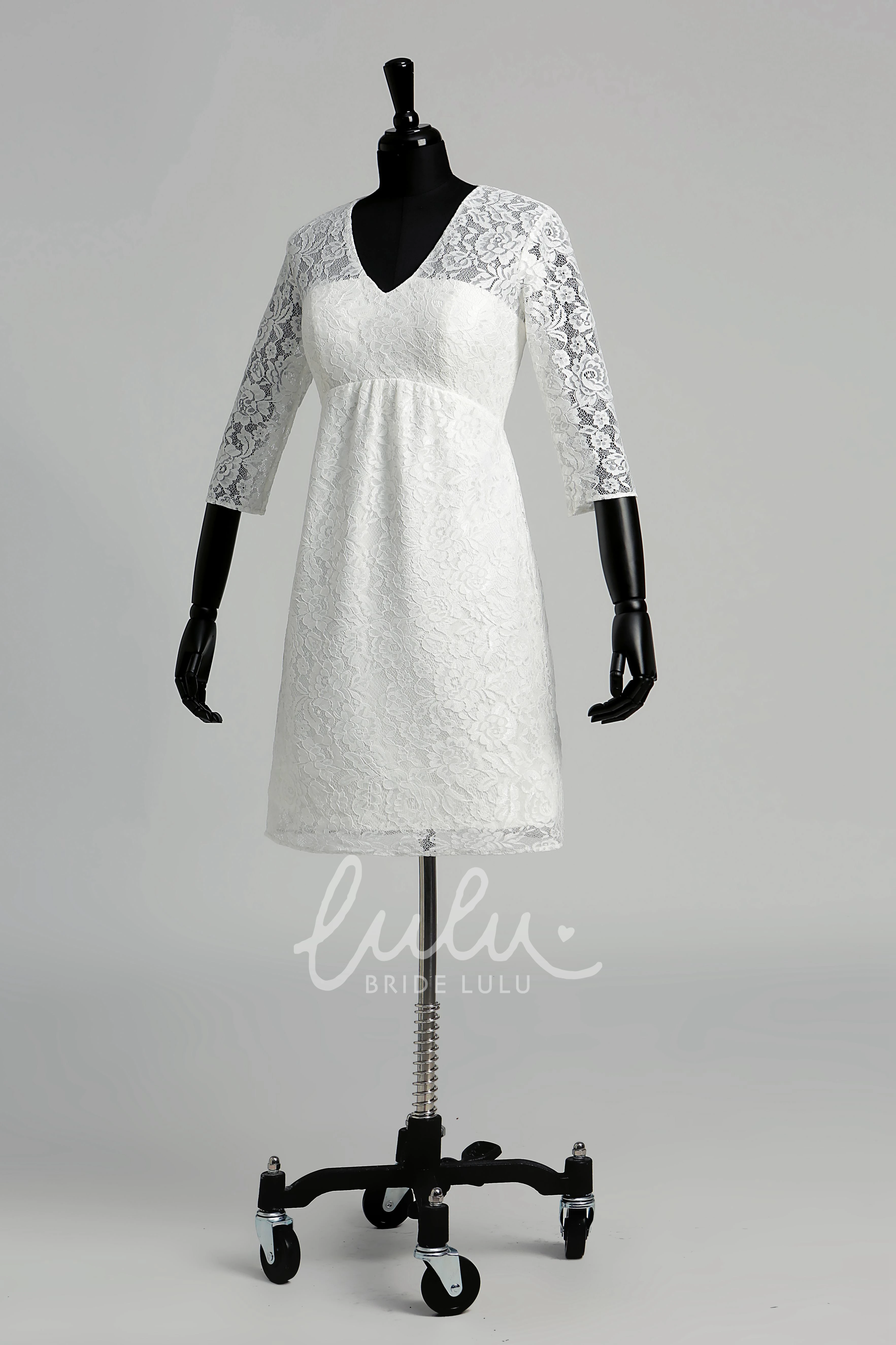 Lace A-line Wedding Dress with V-neckline Illusion 3/4 Sleeves and Ruched Details