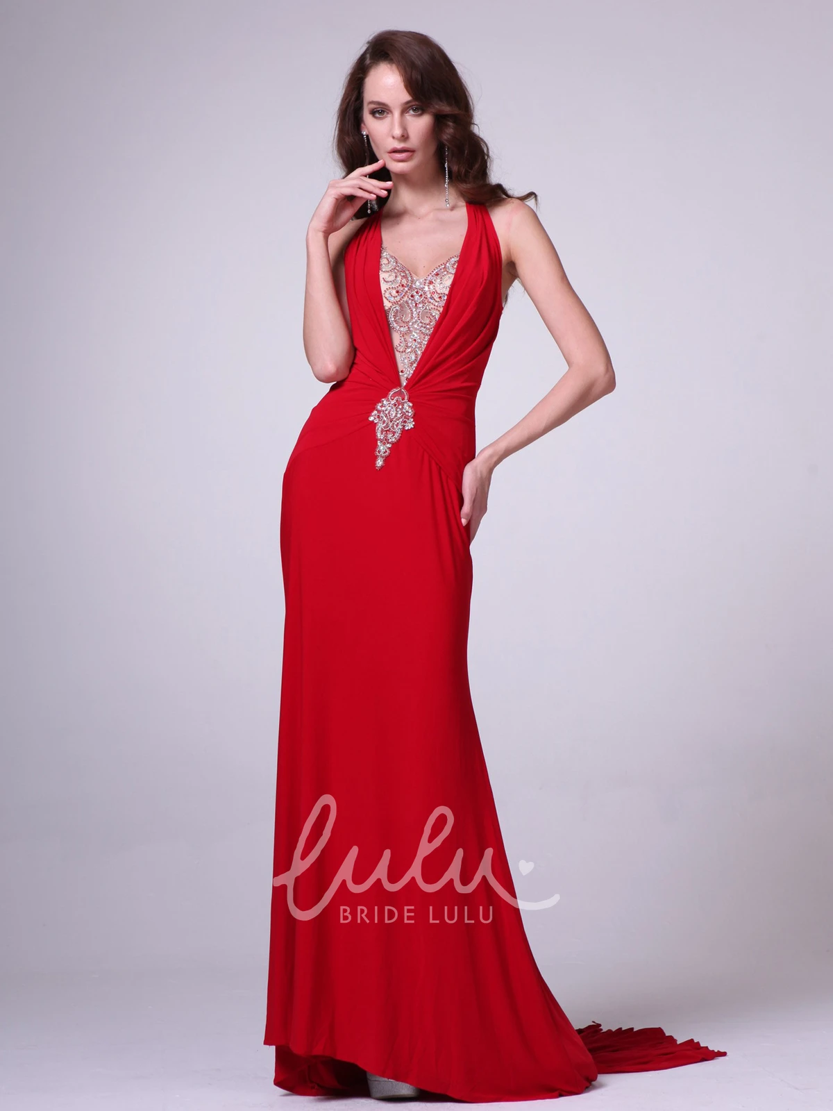 Sleeveless Jersey Sheath Formal Dress with Beading and Sweep Train
